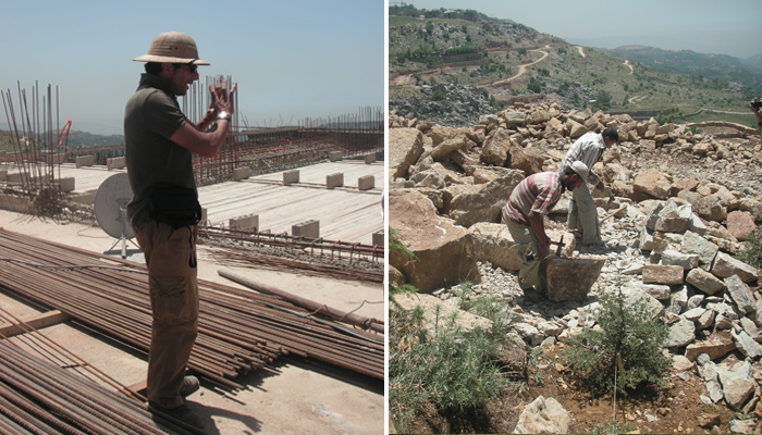 Left: Sami by the new winery. Right: stone masons working on the site of the new winery
