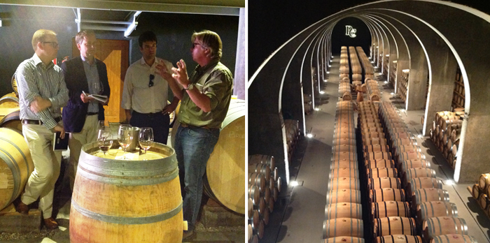 Left:  Our team discusses with Peter Sisseck of Hacienda Monasterio. Right: Maturation Warehouse at Pagos de los Capellanes