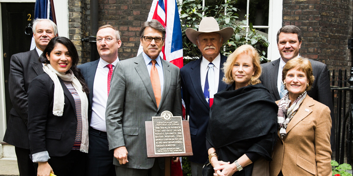 L-R Simon Berry, Ms Jamie Leija (UK Trade and Investment Assistant from British Consulate General, Houston), Mr Andrew Millar (British Consulate General, Houston), Governor Rick Perry, Mr Cliff Teinert, First Lady of Texas Mrs Anita Perry, Mr Mark Miner (from the Perry Team), Mrs Lynn Teinert