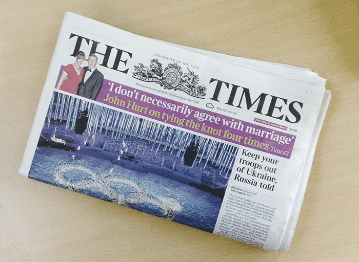 The Times newspaper, Monday 24 February