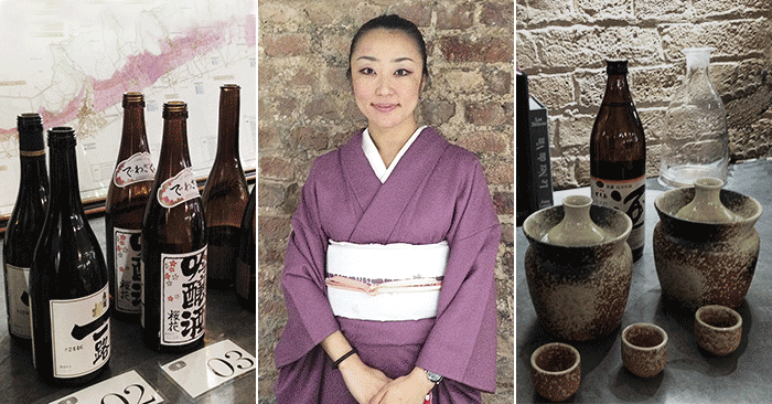 Photograph: Asami Tasaka,   UK Sales Director of World Sake Imports pictured with some of the sake wines served