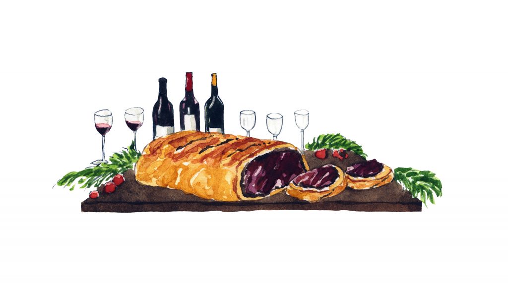 An illustration by Eleanor Crow depicting a beef Wellington and three magnums of fine wine, with a number of wine glasses around the table. It's a hearty and festive scene. 