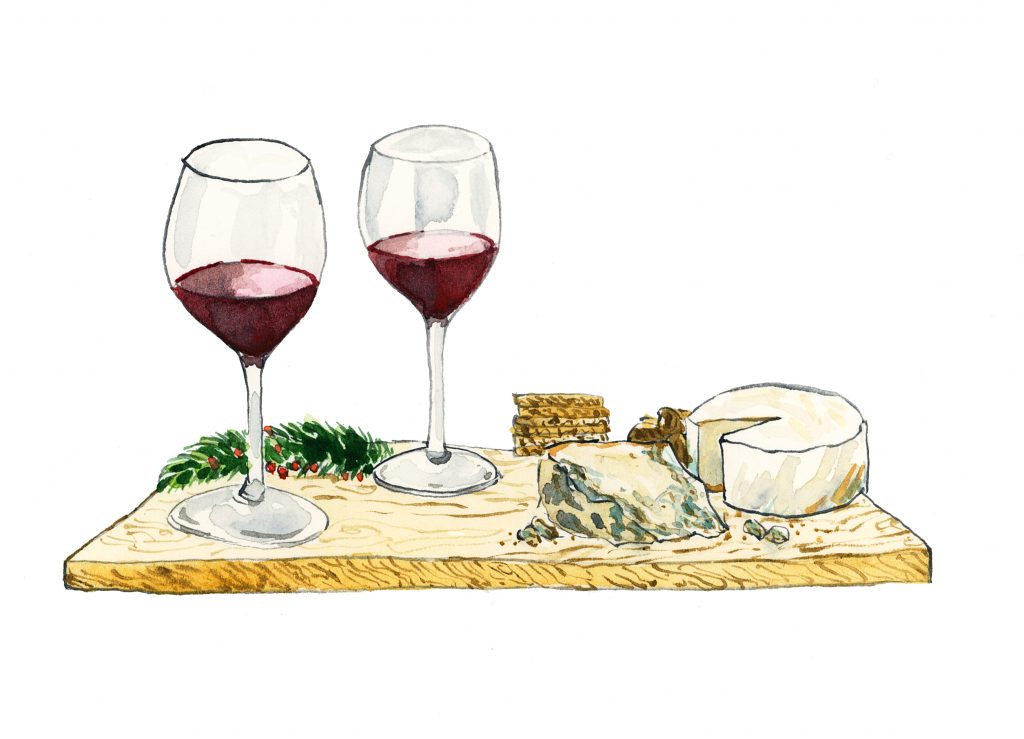 A watercolour illustration depicting a wooden cheese board topped with camembert, stilton, crackers and two glasses of red Bordeaux. A sprig of pine lies in the background, completing a thoroughly festive scene.  