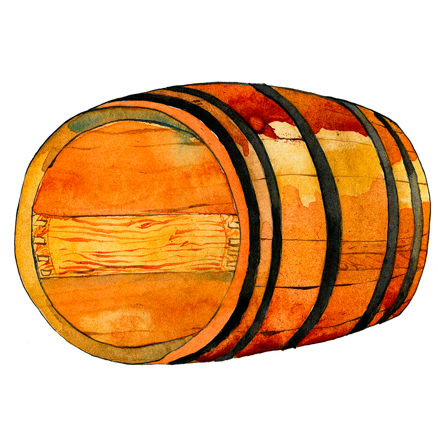An illustration of a barrel used to hold red Bordeaux, by Eleanor Crow