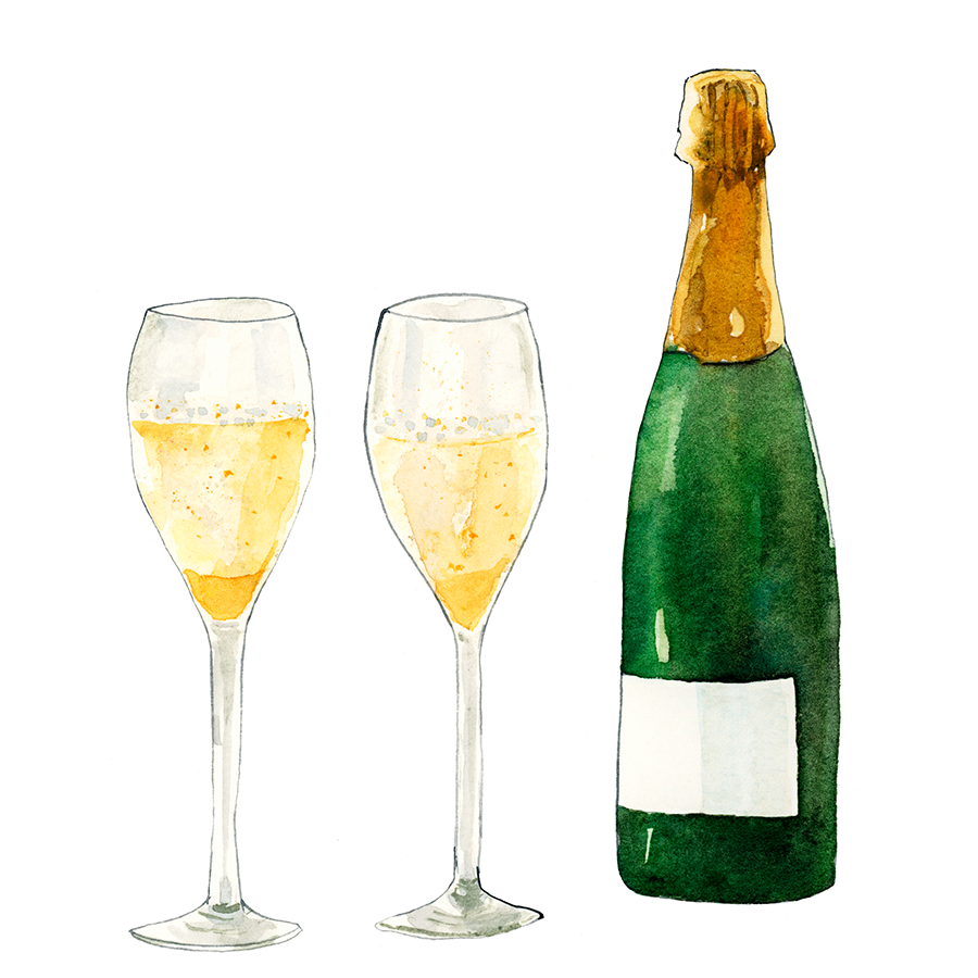 A watercolour illustration of a bottle of Champagne in a dark green bottle, beside two Champagne flutes filled with fizzing golden wine. 