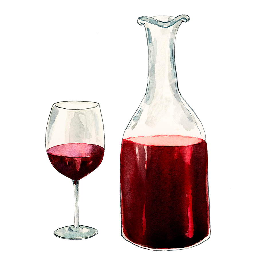 An illustration of a glass of red Bordeaux beside a glass decanter