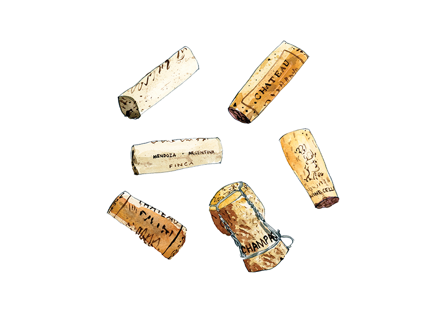 When it comes to Boxing Day, it's a question of choosing which wines to enjoy alongside leftovers. This watercolour illustration depicts corks of different wines and sizes falling against a white background, representing the quest for the perfect Boxing Day wine. 