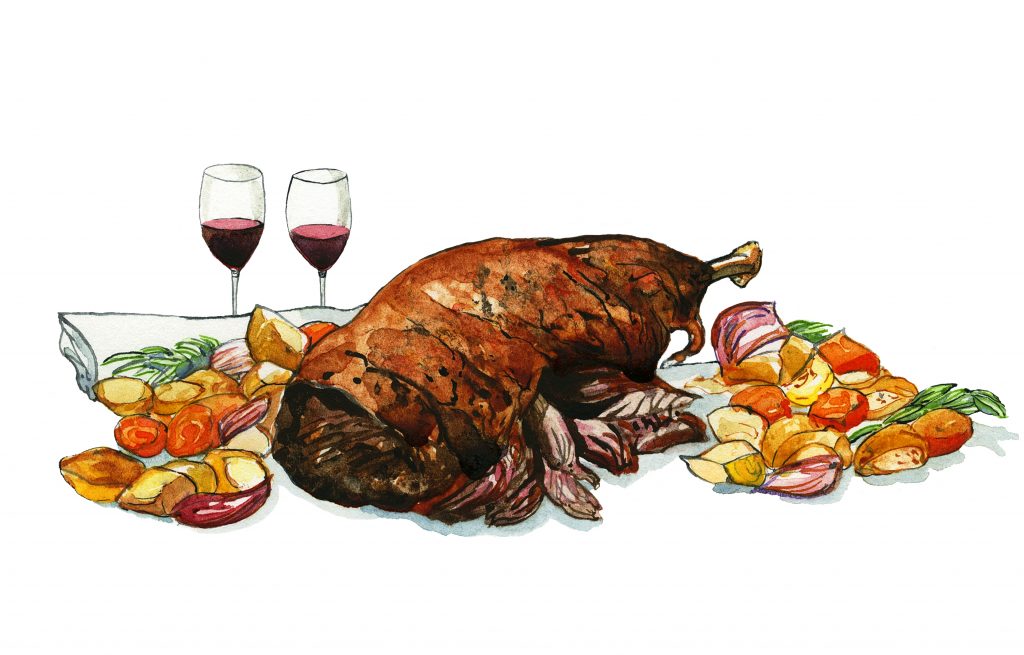 An illustration of roast lamb on a bed of red onions, surrounded by roast potatoes, garlic, carrots and rosemary, with two glasses of red wine in the background. It's a delicious food matching for our Own Selection Cotes du Rhone. 
